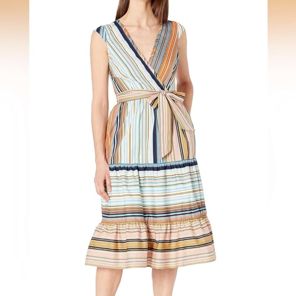 Donna Morgan Blue and Orange Striped Midi Dress Size 4